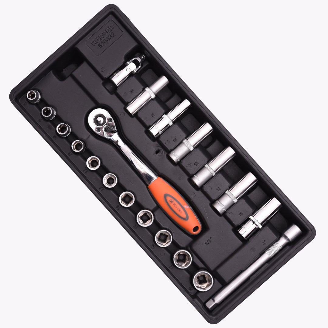 HARDEN Jogo de Soquetes 3/8" com 20 Peças – Aço de Alta Resistência e Chave Catraca Profissional