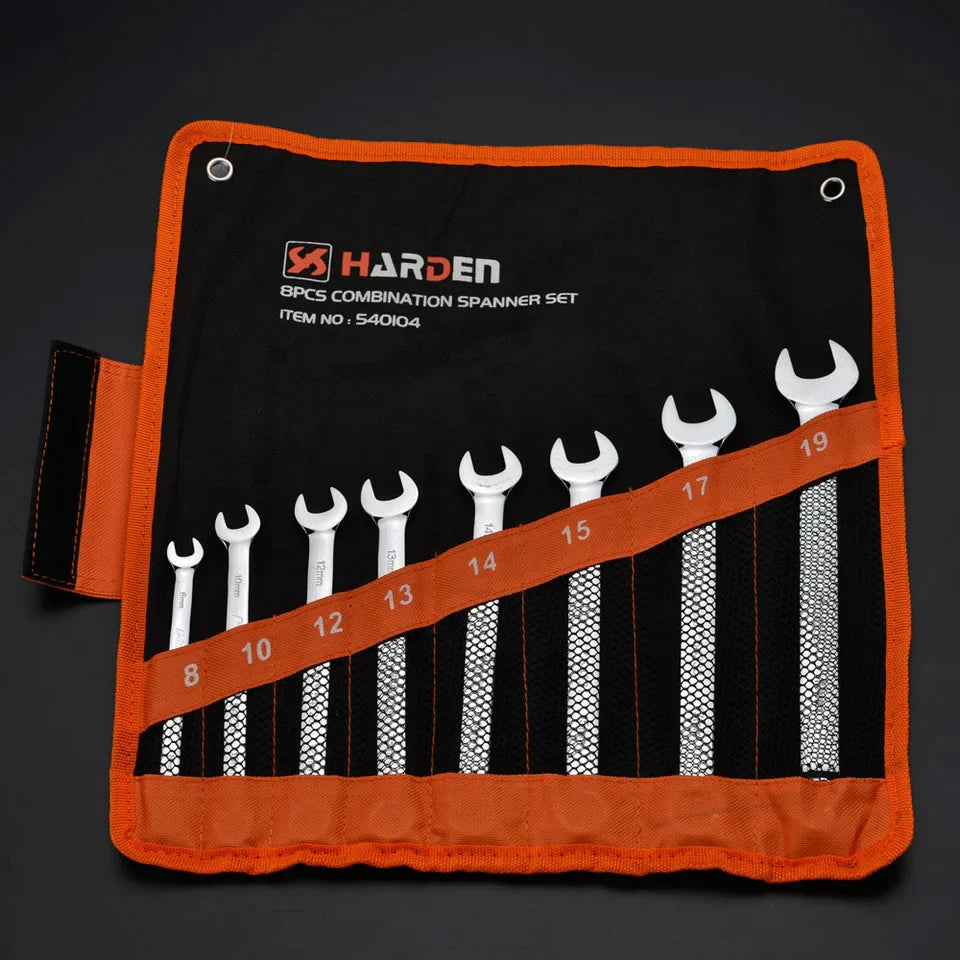 Jogo de Chaves Combinadas 8 Peças HARDEN – Aço Cromo-Vanádio com Acabamento Fosco (8 a 19 mm)