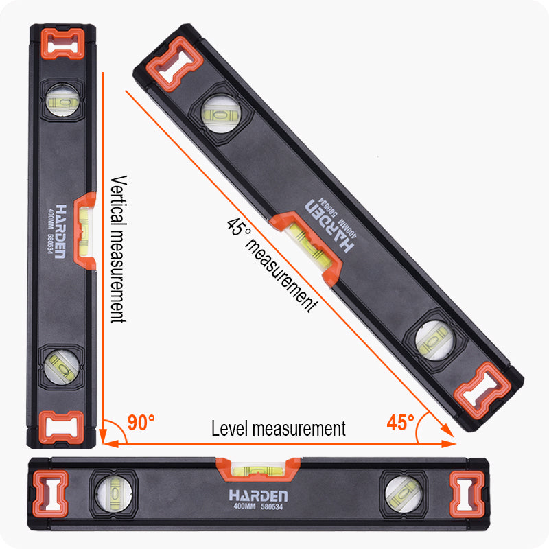 Nível Magnético Profissional HARDEN em Alumínio Reforçado 400 mm a 1200 mm com 3 Bolhas