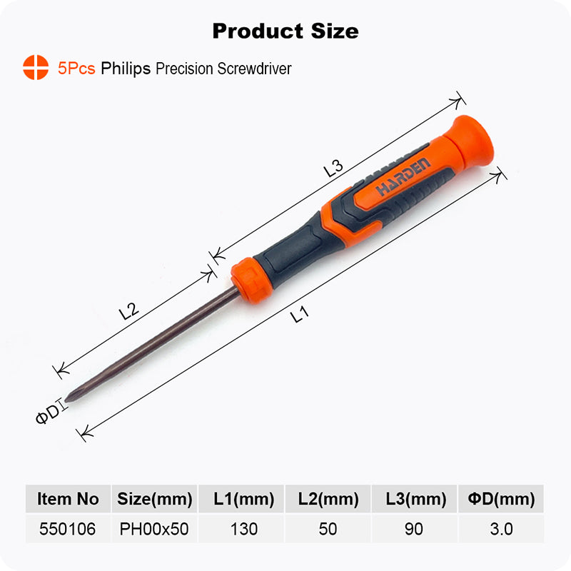 Jogos de Chaves Phillips de Precisão HARDEN PH00 e PH1 x 50 mm (5 Peças)
